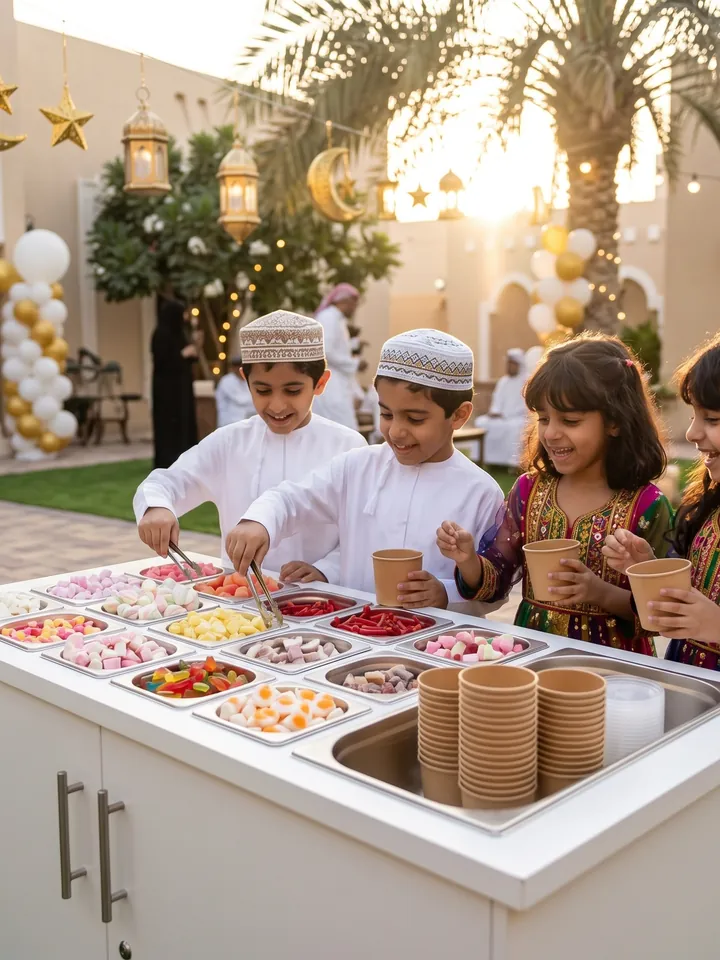 أطفال بلبس العيد حول عربة الحلويات